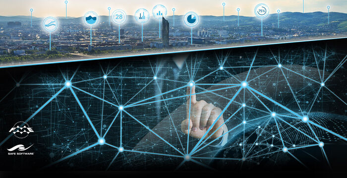 Vue d'une ville lumineuse au coucher du soleil, avec des icônes numériques flottantes; en dessous, un réseau de lignes lumineuses et une main qui touche un nœud brillant, symbolisant la connectivité et l'Internet des objets.
