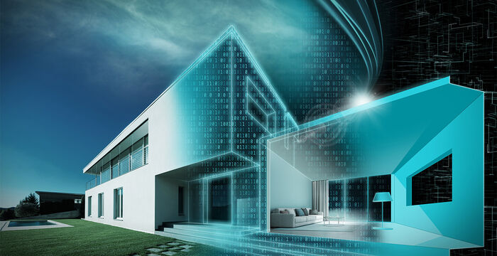 Maison moderne à deux étages, façade blanche avec grandes baies vitrées; extension géométrique turquoise et lumière bleue évoquant un style futuriste. Jardin vert et piscine visibles sur le côté.