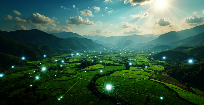 Üppige terrassierte Felder erstrecken sich durch ein Tal, umrahmt von Bergen, von der Sonne bestrahlt. Über den Feldern ziehen leuchtende Punkte und Verbindungen, die eine digitale Netzstruktur darstellen und smarte Landwirtschaft sowie Konnektivität symbolisieren.