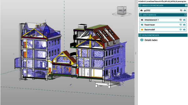 3D-Architekturmodell eines zweigeteilten Gebäudekomplexes mit zwei angrenzenden Häusern. Sichtbare Dachkonstruktionen (gelb markiert), Geländer und Fassaden in Blau bzw. Braun; Darstellung in einer CAD-Umgebung.