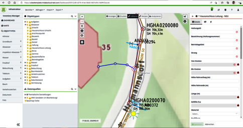 Screenshot einer GIS-Anwendung: Eine Kartenansicht mit einer blauen Route durch eine grün-braune Landschaft, entlang einer Straße. Links und rechts befinden sich Bedienfelder und Objektlisten; markierte Punkte tragen Bezeichner wie HGHA0200080.