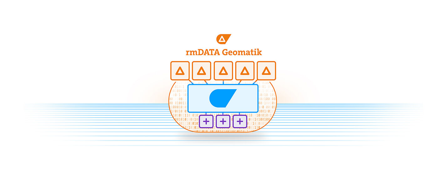 Logo der rmDATA Geomatik mit einem orangefarbenen Messgerät und Display; darunter Tasten, oben mehrere orange Warnsymbole; Hintergrund zeigt blaue horizontale Linien.
