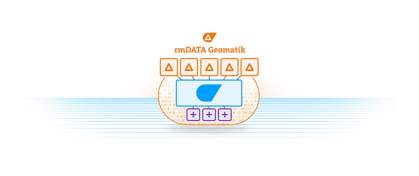 Logo rmDATA Geomatik en orange et bleu, représentant un petit appareil avec écran bleu et boutons, entouré de triangles orange, sur un fond de lignes bleues.