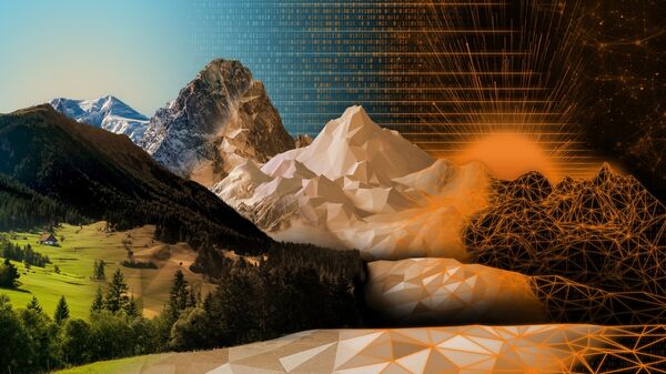 Eine Landschaft, die Natur und Technologie verbindet: links grüne Berge und Wälder, rechts ein leuchtendes orangefarbenes geometrisches Netz, das digitale Muster bildet; am Horizont geht die Sonne auf, symbolisierend den Übergang von Natur zur digitalen Welt.