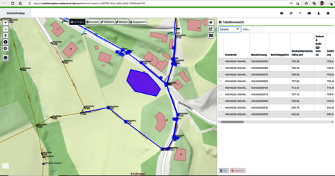 GIS-Kartenansicht eines ländlichen Gebiets: Blaue Linien bilden ein Wegnetz mit Knotenpunkten; ein blauer Polygonbereich ist markiert; rote Gebäudeflächen liegen in der Umgebung. Rechts eine Tabellenliste mit Datensätzen.