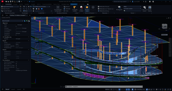 Bildschirmansicht eines 3D-CAD-Modells: Mehrere kreisförmige Plattformen werden von gelb-orangen Vertikalstützen getragen, über einem transparenten blauen Gitternetz – eine komplexe spiralförmige Struktur im Bearbeitungsmodus.