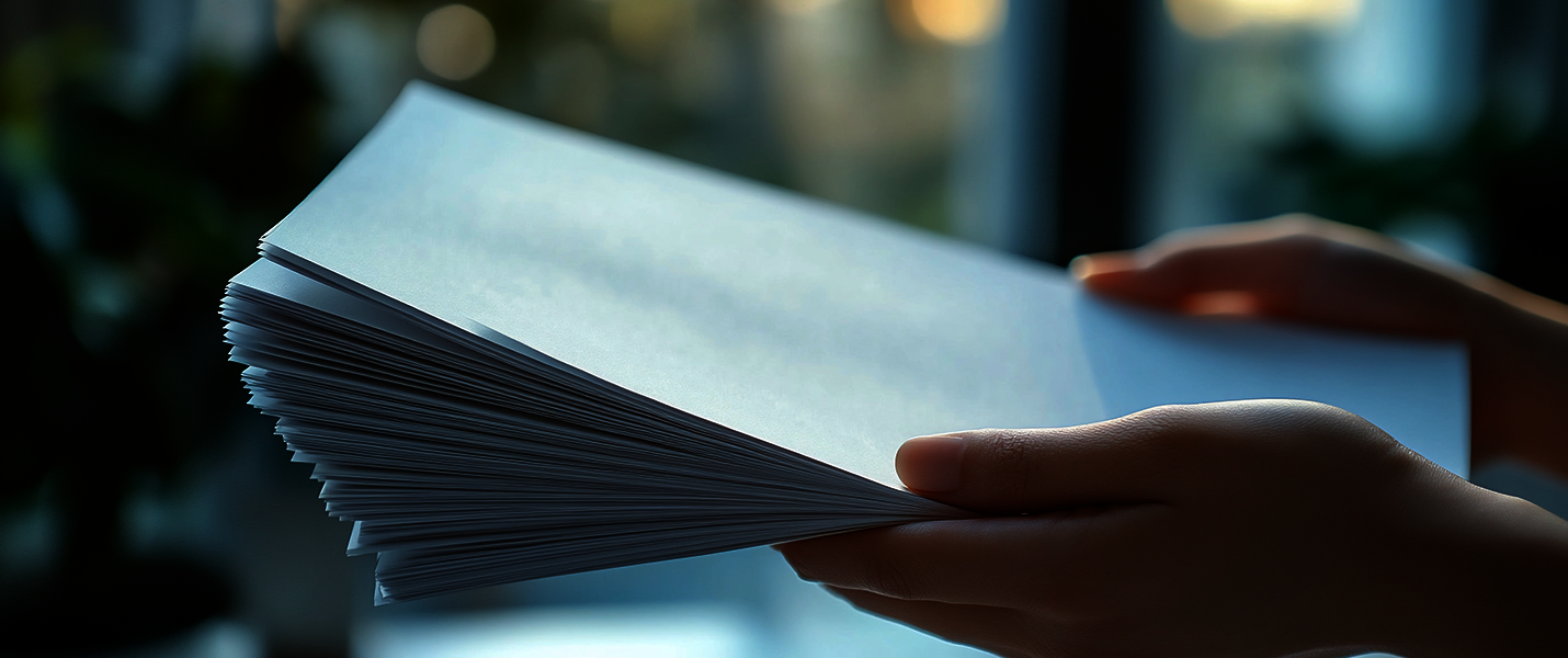 Eine Person hält einen Stapel weißer Blätter, leicht aufgefächert, im Seitenprofil; der Hintergrund ist unscharf.