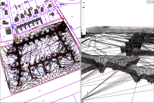 Plan- und 3D-Darstellung eines Baugeländes: Links Planansicht mit violetten Grundstücksgrenzen und dunkler Umrisslinie des Baubereichs; rechts eine 3D-Drahtmodell-Ansicht der darunterliegenden Tunnel-/Leitungsstruktur.