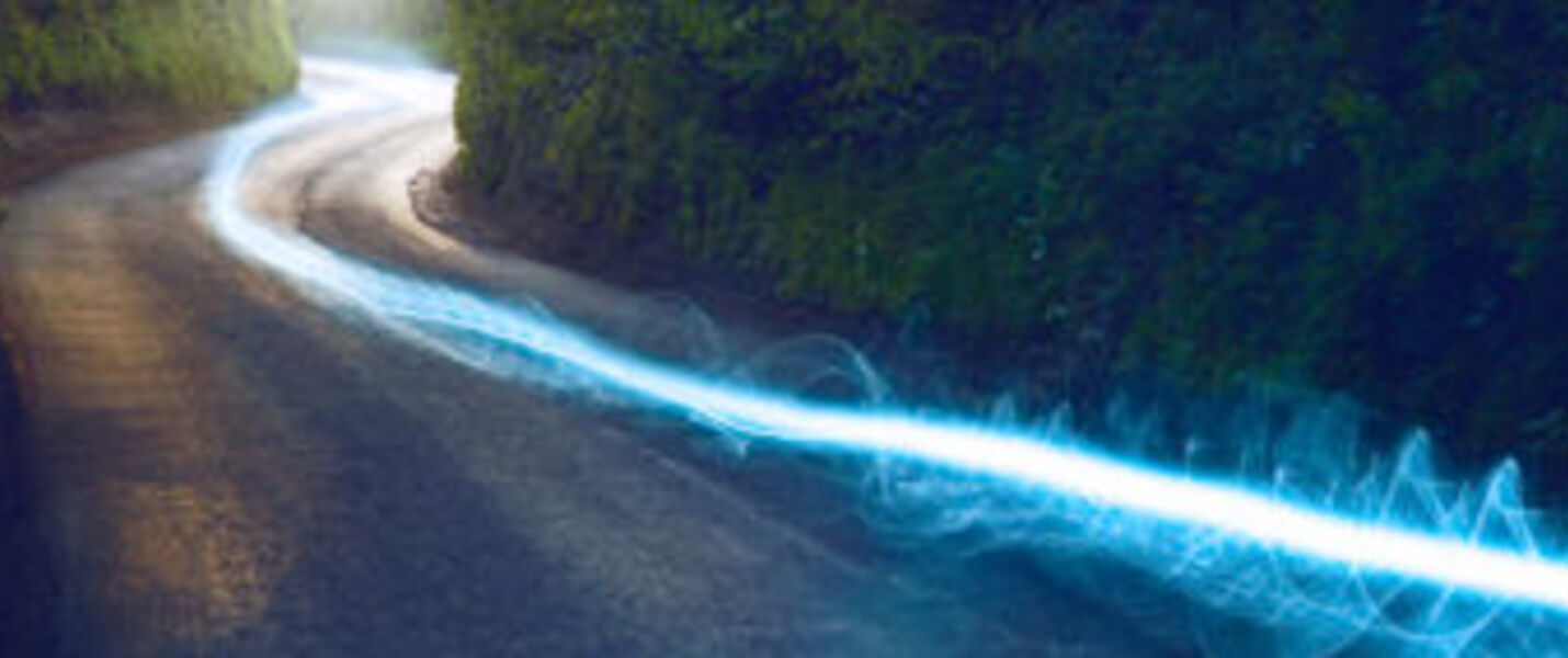 Eine kurvige Straße windet sich durch einen dicht bewaldeten Wald; Bäume säumen beide Seiten, während eine leuchtend blaue Lichtspur sich entlang der Fahrbahn zieht.