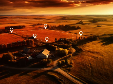 Ländliche Bauernhoflandschaft im goldenen Abendlicht: Felder, Hecken, ein Gehöft und eine kurvige Straße. Mehrere weiße Marker schweben über den Feldern und markieren verschiedene Orte.