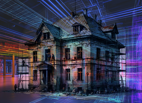 Ein zweigeschossiges, verfallenes Haus steht eingerüstet; umgeben von leuchtenden Neon-Linien und digitalen Lichtstrahlen, die eine futuristische Cyberpunk-Atmosphäre schaffen.