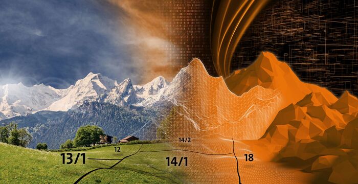 Vue d'un paysage où une prairie verte et des montagnes enneigées occupent le côté gauche; à droite, une formation géométrique orange évoquant un univers numérique avec des grilles et des courbes, symbolisant la transition entre nature et données.