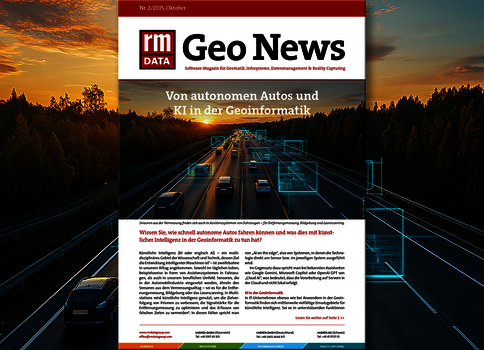 Titelbild der Zeitschrift Geo News: „Von autonomen Autos und KI in der Geoinformatik“. Ein Autobahnpanorama mit Autos und digitalen Overlay-Strukturen, die autonome Steuerung und Geoinformatik symbolisieren.