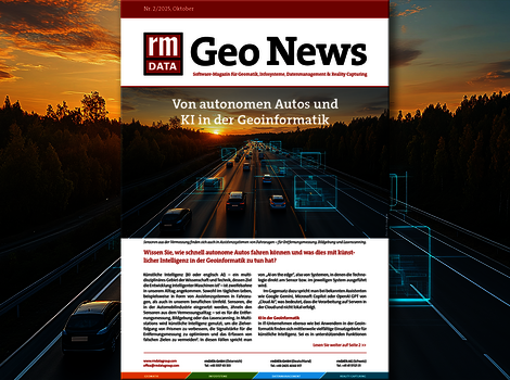 Titelbild der Zeitschrift Geo News: „Von autonomen Autos und KI in der Geoinformatik“. Ein Autobahnpanorama mit Autos und digitalen Overlay-Strukturen, die autonome Steuerung und Geoinformatik symbolisieren.