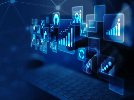 Futuristische Darstellung digitaler Datenanalyse: Schwebende, leuchtende Bildschirme mit Diagrammen, Balkendiagrammen und Netzwerk-Symbolen, die Verbindungen und Fortschritt über einen Laptop anzeigen.