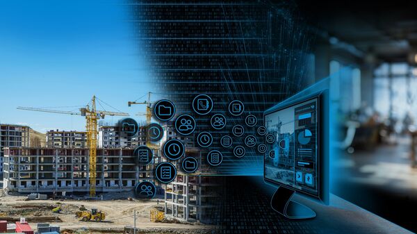 Baustelle mit Kränen, Gerüsten und Rohbauten; rechts ein Computerbildschirm zeigt eine digitale Bauoberfläche mit Symbolen und Verbindungen, die den Einsatz von BIM und der Baustellenüberwachung darstellen.
