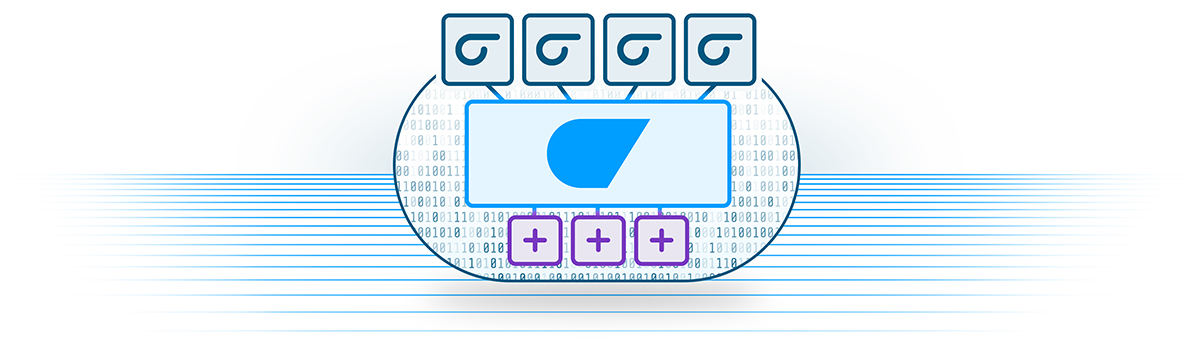 Illustration eines ovalen elektronischen Geräts mit Bildschirm, der ein blaues Dreieck zeigt. Oberhalb des Bildschirms befinden sich mehrere kleine Symbole; darunter gibt es vier violette Plus-Tasten.